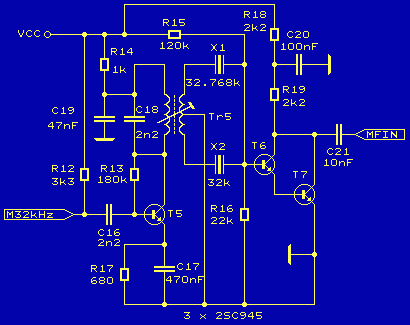 Detail mf filtru 32.768kHz tvoenho dvma krystaly pracujcmi v protismrn fzi buzen transformtorem s dvojitm sekundrnm vinutm a primrnm vinutm naladnm do rezonance na 32.768kHz